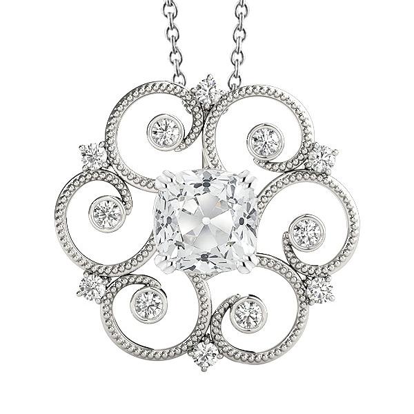 Pendente Con Cuscino Da 5,50 Ct E Vero Diamanti Tondi Old Miner Stile Vintage In Oro Bianco 14K