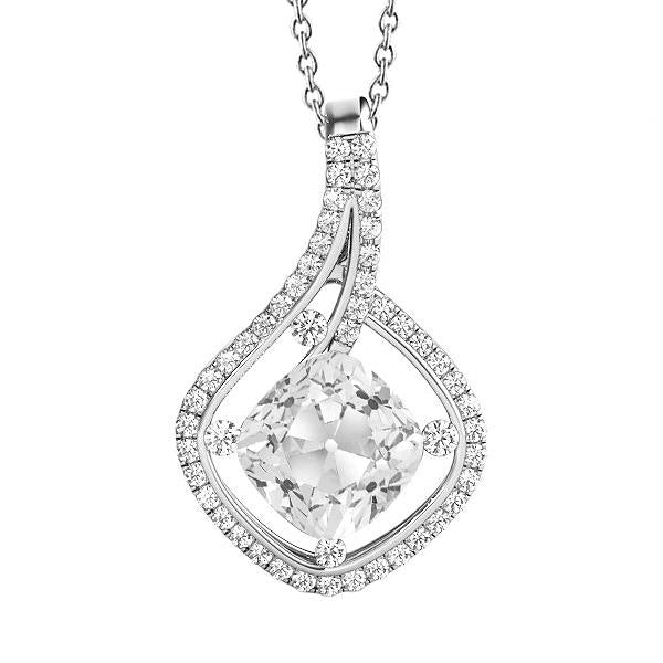 Pendente Con Cuscino Da Vecchio Minatore Da 5,50 Carati E Genuino Diamante Tondo Con Gambo Intrecciato In Oro Bianco 14K