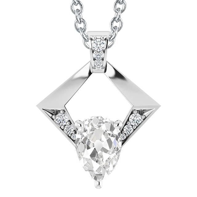 Pendente Con Genuino Diamanti Taglio Pera Da 3,50 Carati Old Mine In Gioielli In Oro Bianco 14K