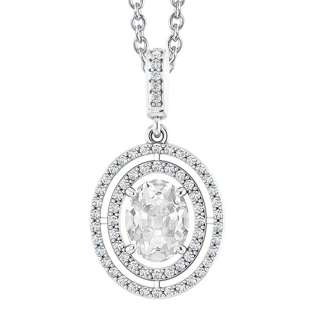 Pendente Con Naturale Diamante 4 Carati Ovale E Taglio Rotondo Vecchia Miniera In Oro Bianco 14K