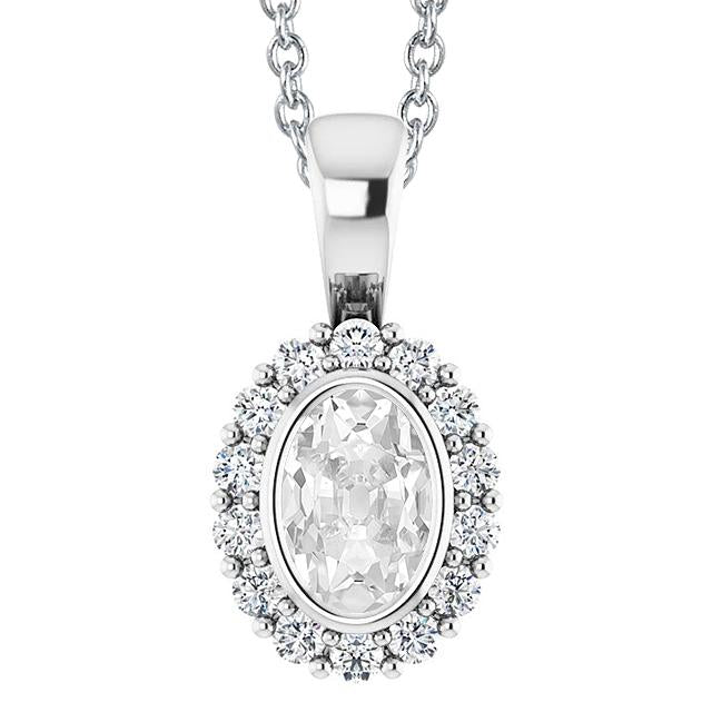 Pendente Con Vero Diamante Ovale A Forma Di Lunetta Da Minatore Antico Da 5,50 Carati E Anello In Oro Bianco 14K