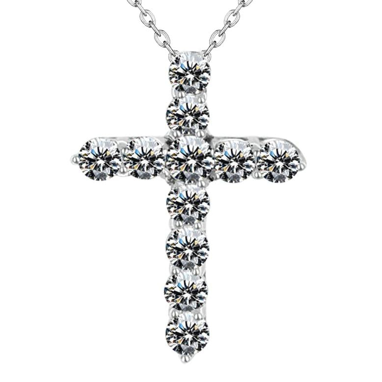 Pendente Croce Con Vero Diamante Rotondo 5,75 Carati E Catena In Oro Bianco 14K