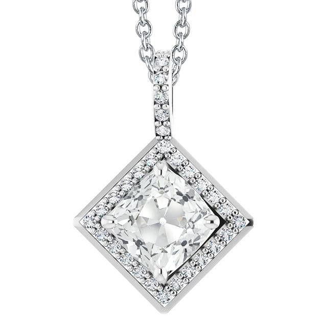 Pendente Halo Con Cuscino Da 7,50 Carati E Vero Diamante Rotondo E Catena Per Cuscino Da Minatore Antico In Oro Bianco 14K
