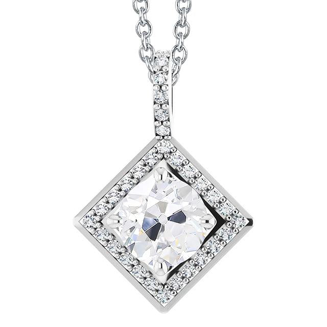 Pendente Halo Con Genuino Diamante Antico Taglio Rotondo Da 4,50 Carati Con Catena In Oro Bianco 14K