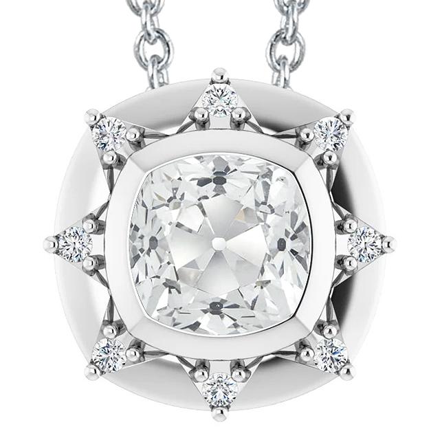 Pendente Halo Con Genuino Diamante Cuscino Da 6,50 Carati Lunetta Old Miner In Oro Bianco 14K