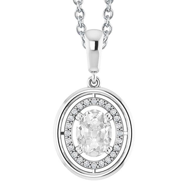 Pendente Halo Con Genuino Diamante Taglio Ovale 3 Carati Un Vecchio Con Doppio Artiglio Incastonato In Oro Bianco 14K