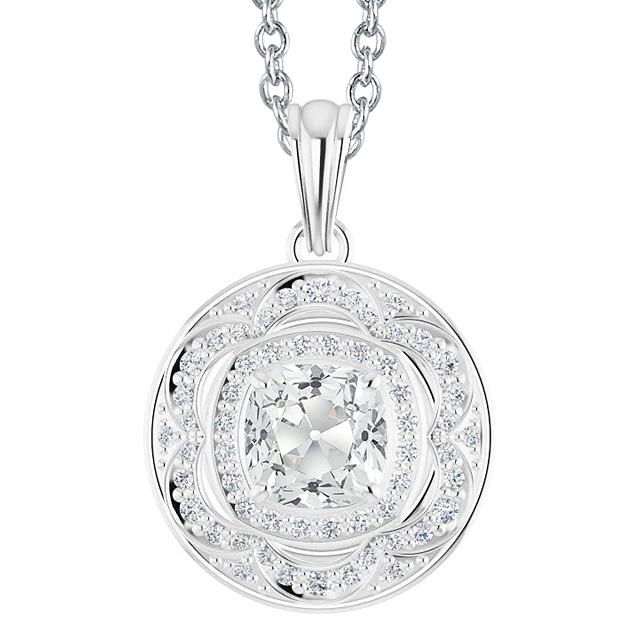 Pendente Halo Con Naturale Diamante Cuscino Da 5 Carati Vecchia Cauzione Da Minatore In Oro Bianco 14K