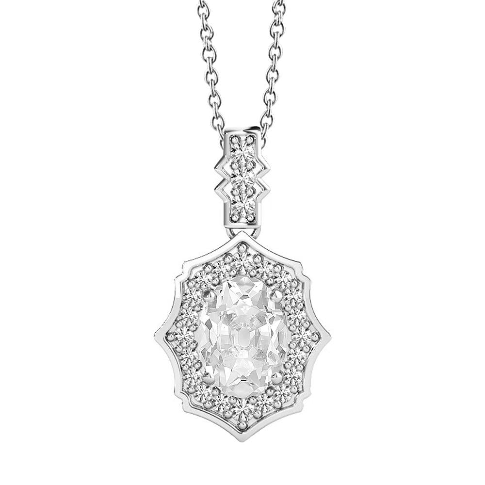 Pendente Halo Con Naturale Diamante Ovale E Rotondo Da 3,50 Carati E Old Miner In Oro Bianco 14K