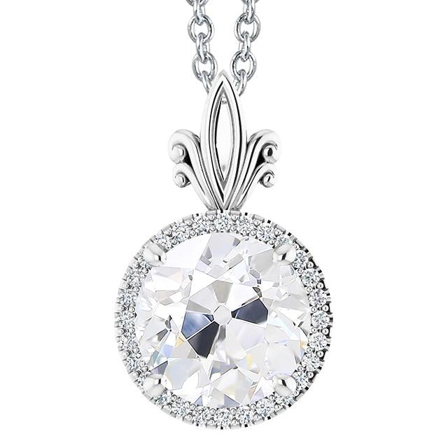Pendente Halo Con Naturale Diamante Tondo Da 5,50 Carati Con Catena Scorrevole In Oro Bianco 14K