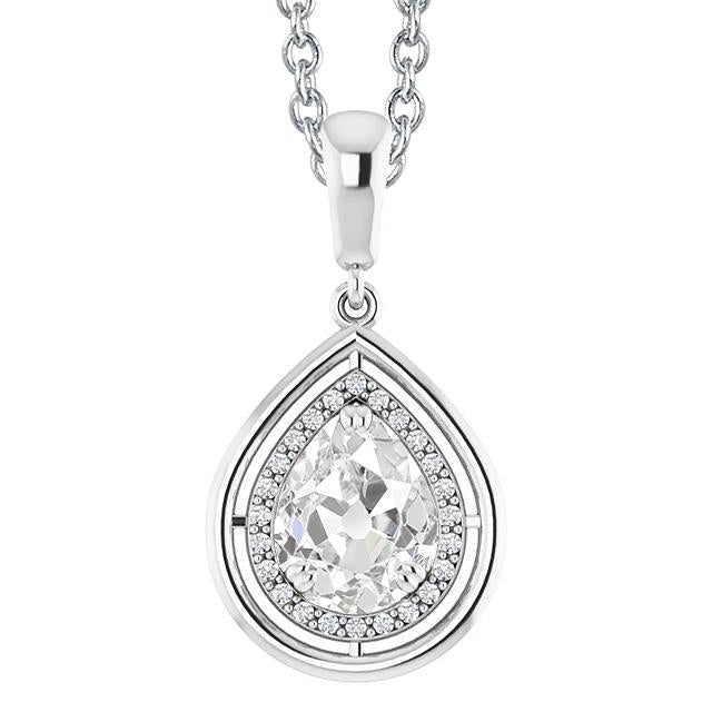 Pendente Halo Con Pera 3 Carati E Naturale Diamante A Taglio Rotondo Vecchia Miniera In Oro Bianco 14K