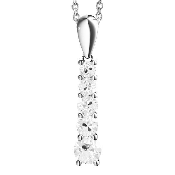 Pendente In Cinque Pietre Con Naturale Diamanti Tondi 3 Carati E Oro Bianco 14K Old European Intrecciati