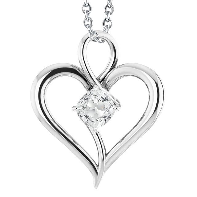 Pendente Solitario A Forma Di Cuore Con Vero Diamante A Cuscino Da 2 Carati Vecchio Minatore In Oro Bianco 14K