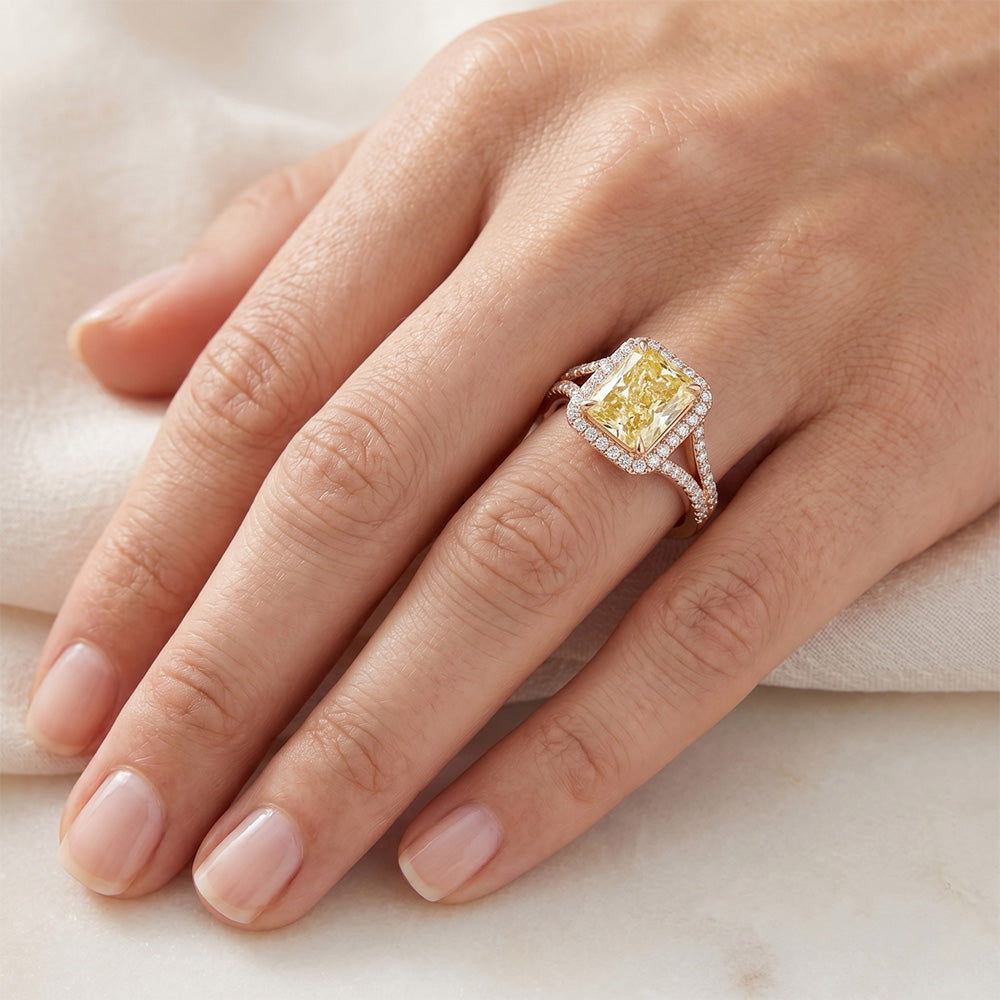 Premium VVS Diamante Canarino Anello con Pavé Halo – 2 carati