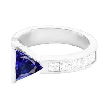Princess Diamond Trilion Sapphire Ring 1.25 Carat with 14K White Gold Channel Set