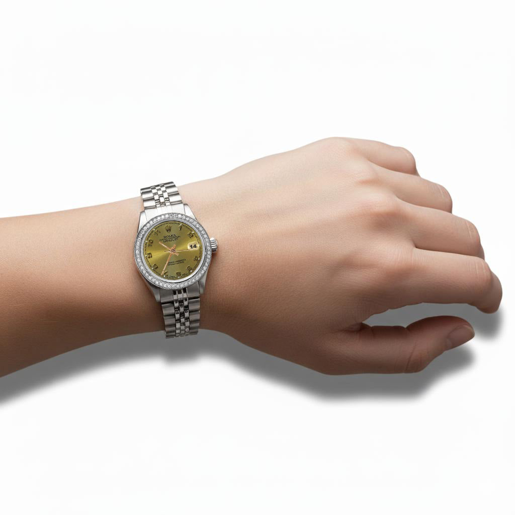 Quadrante arabo Orologio Rolex Datejust Lunetta con diamanti Bracciale in acciaio inossidabile giubileo P1