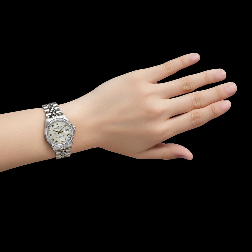 Quadrante bianco romano Rolex da donna Bracciale Datejust con diamanti Lunetta P2