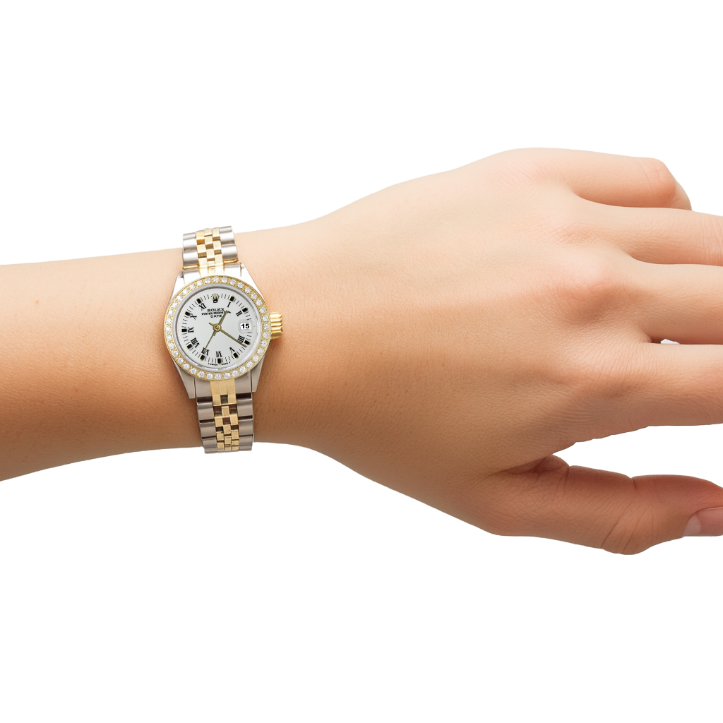 Quadrante bianco romano con lunetta in diamanti Rolex Date Orologio da donna bicolore Giubileo