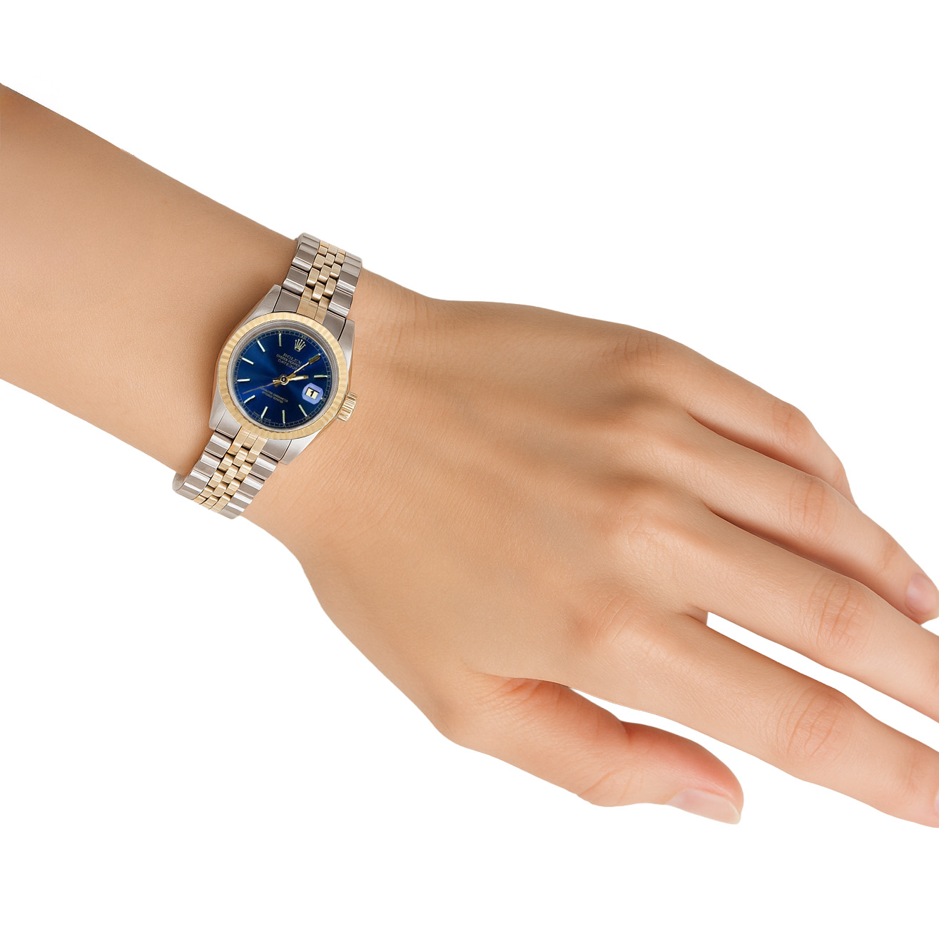 Quadrante blu con lunetta scanalata Datejust Rolex Orologio da donna Acciaio inossidabile e oro