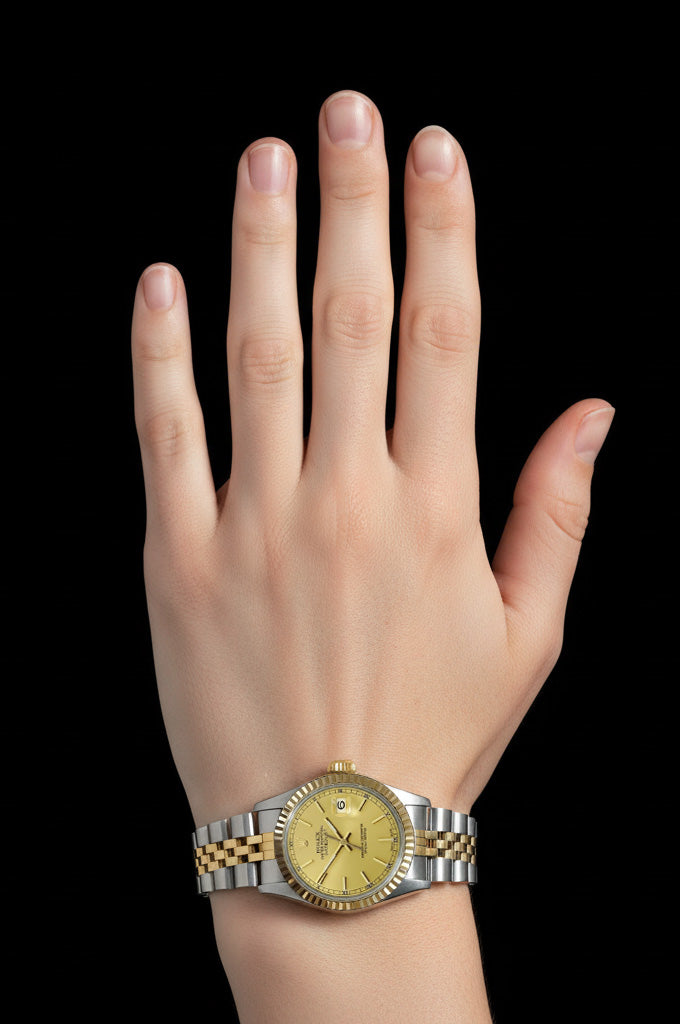 Quadrante con bastoncino champagne Datejust Rolex da donna Ruolo giubilare in acciaio inossidabile e oro P2