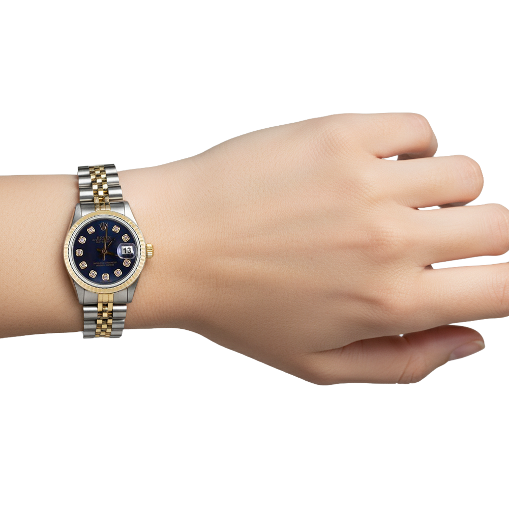Quadrante con diamanti blu, lunetta scanalata, orologio Rolex Dj, acciaio inossidabile e oro Giubileo P4