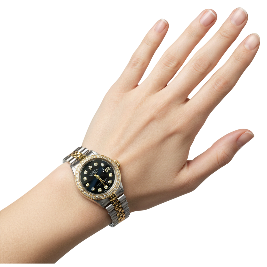 Quadrante con diamanti neri, acciaio inossidabile e bracciale in oro, orologio Rolex da donna Datejust