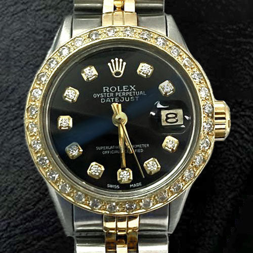 Quadrante con diamanti neri, acciaio inossidabile e bracciale in oro, orologio Rolex da donna Datejust