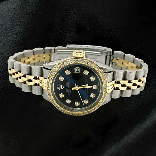 Quadrante con diamanti neri, acciaio inossidabile e bracciale in oro, orologio Rolex da donna Datejust