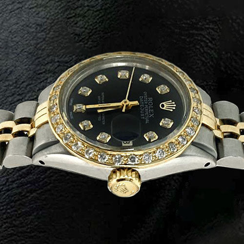 Quadrante con diamanti neri, acciaio inossidabile e bracciale in oro, orologio Rolex da donna Datejust