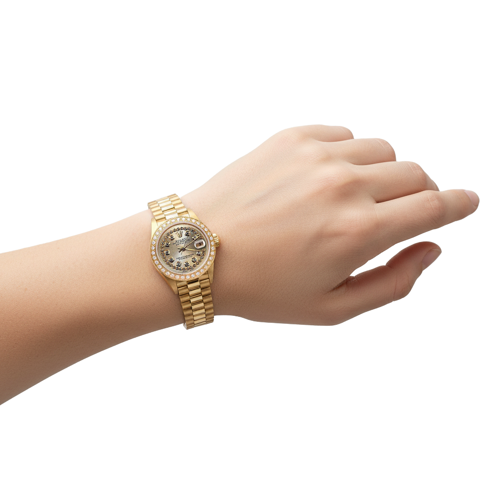 Quadrante con doppia fila di orologi Rolex modello Datejust con lunetta in diamanti, stilestile presidenziale