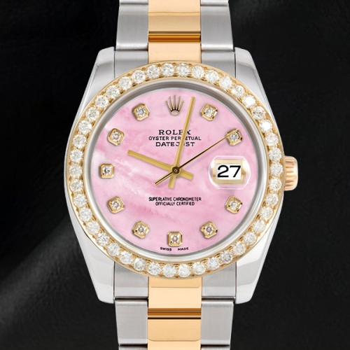 Quadrante in madreperla rosa con diamanti Orologio Rolex Datejust bicolore da 36 mm Bracciale Oyster
