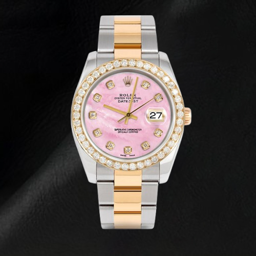 Quadrante in madreperla rosa con diamanti Orologio Rolex Datejust bicolore da 36 mm Bracciale Oyster