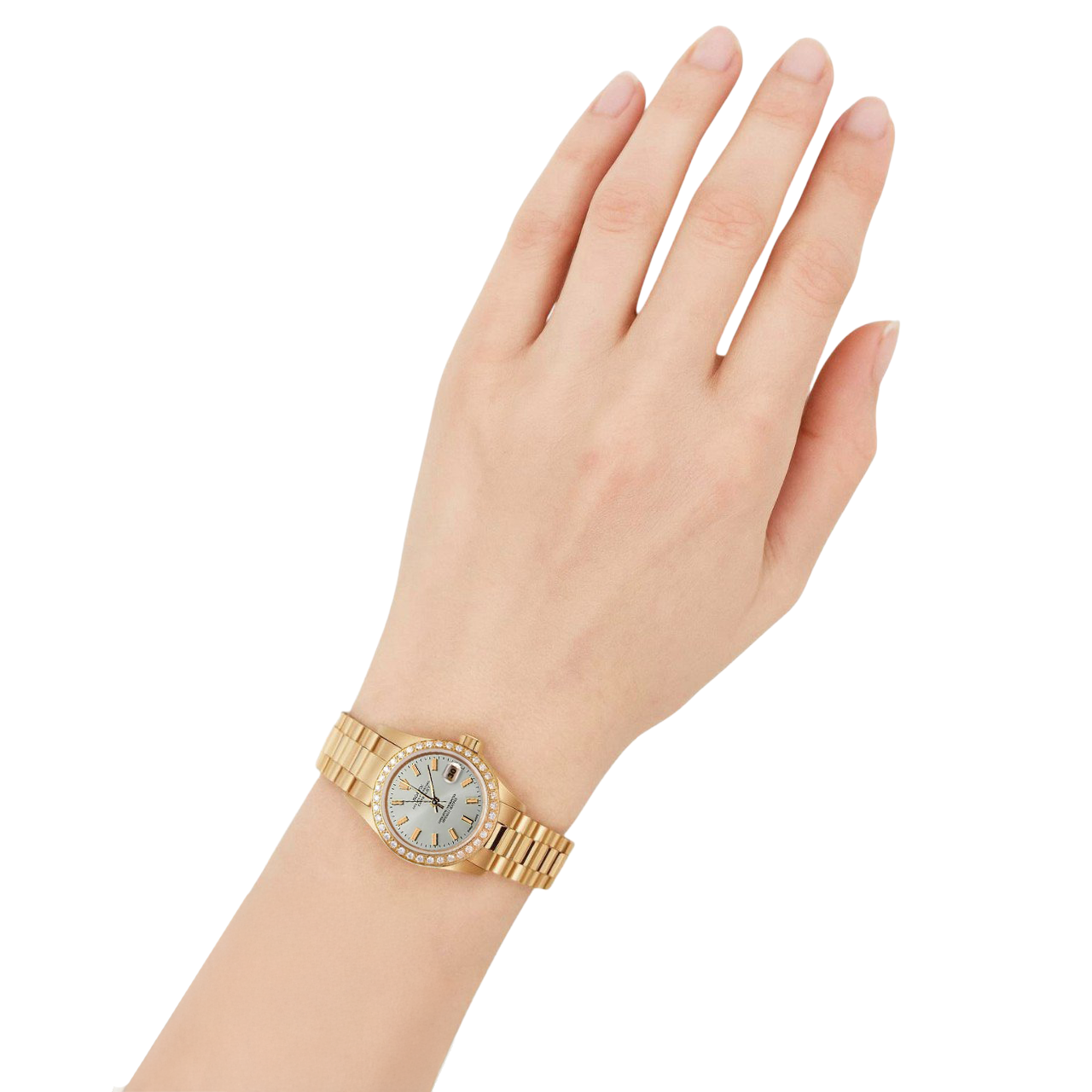 Rolex Datejust bastone bianco quadrante stile presidente orologio con diamanti lunetta in oro