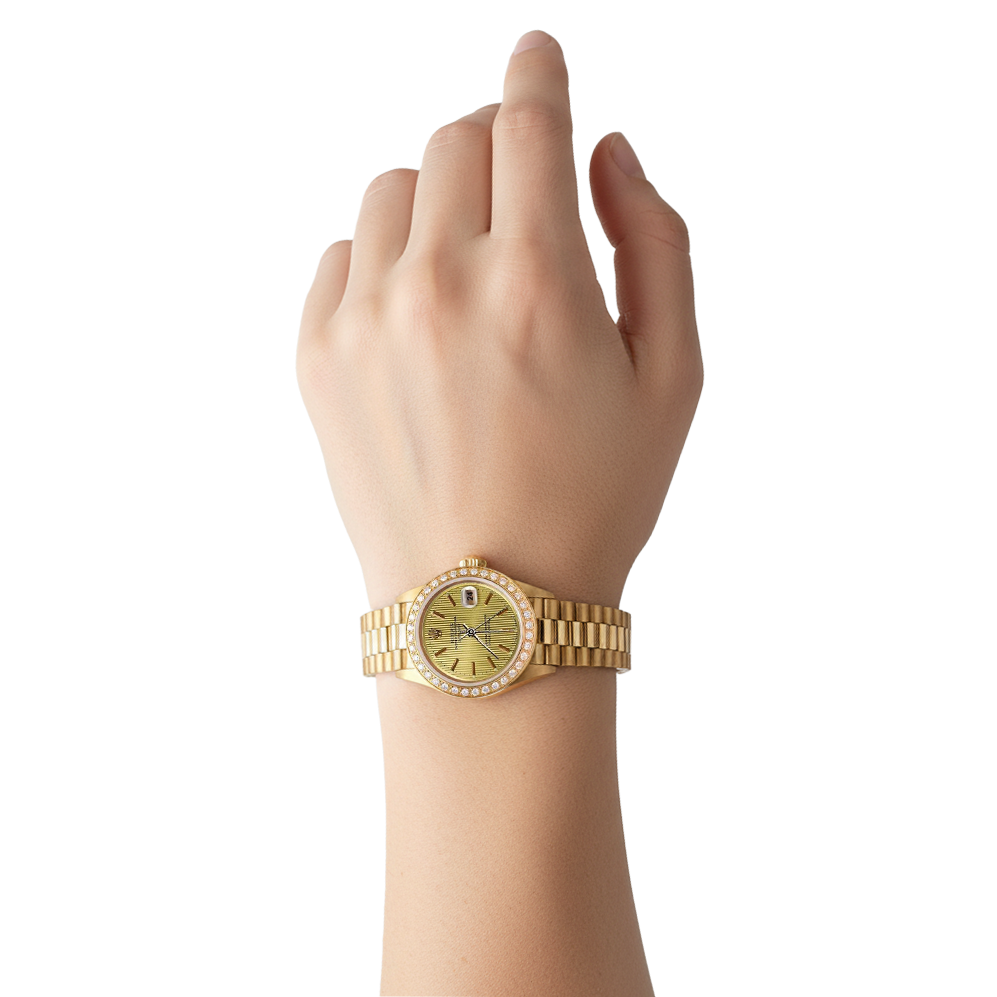 Rolex Datejust lunetta champagne arazzo bastone quadrante orologio stile presidente