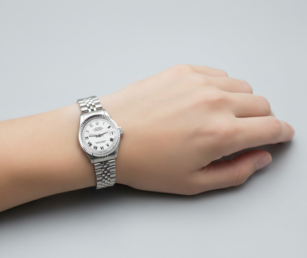 Rolex Datejust quadrante bianco romano orologio da donna con lunetta scanalata in acciaio inossidabile Giubileo P2
