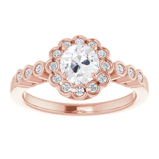 Diamante Cuscino Antico Anello di Fidanzamento Halo in Oro Rosa 14K – vista principale