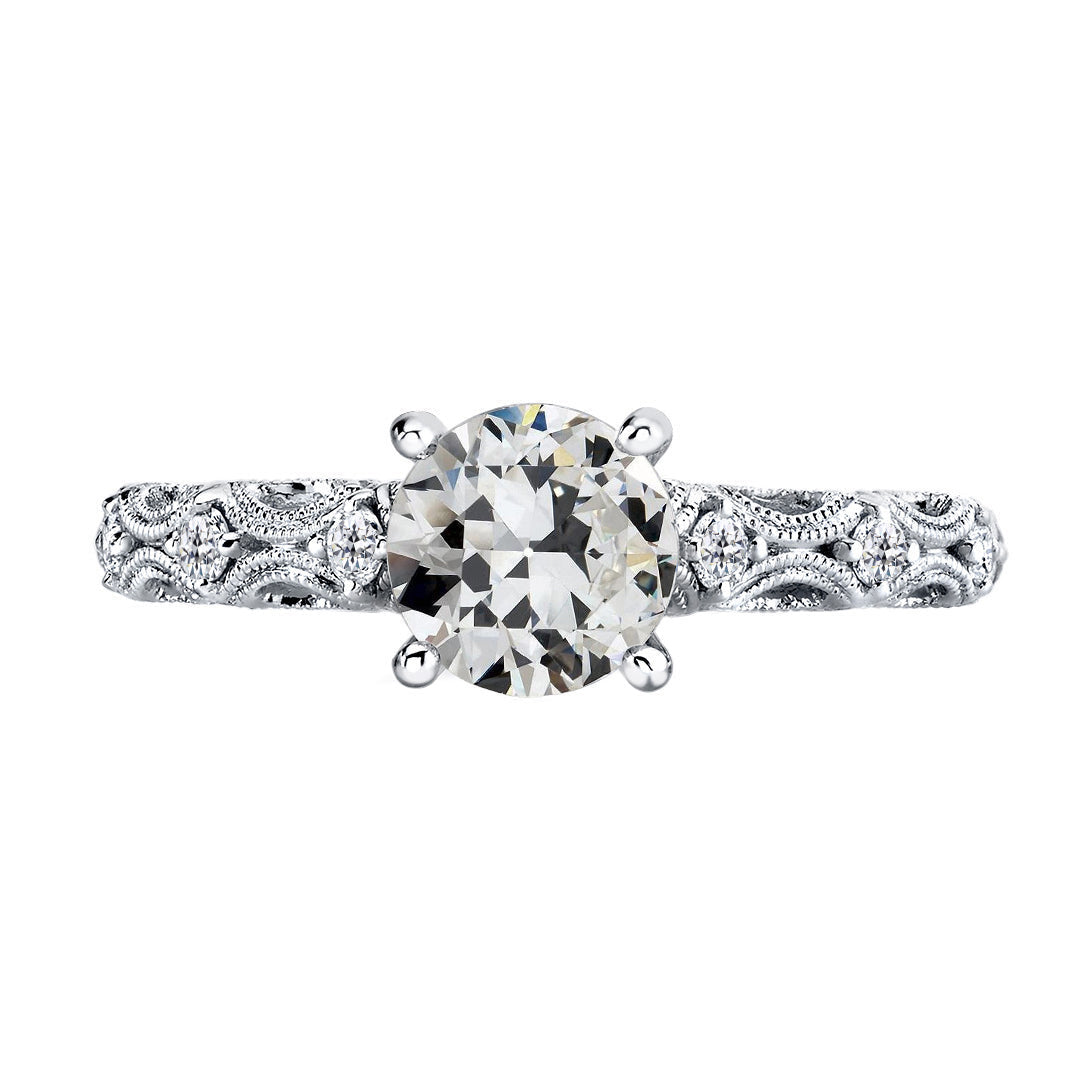Diamante Cuscino Antico Anello Solitario con Accenti in Oro Bianco 14K – vista principale