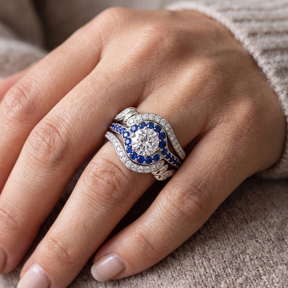 Set Di Anelli Con Diamanti. 3.50 Carati. Zaffiro Blu. Gioielli Da Donna