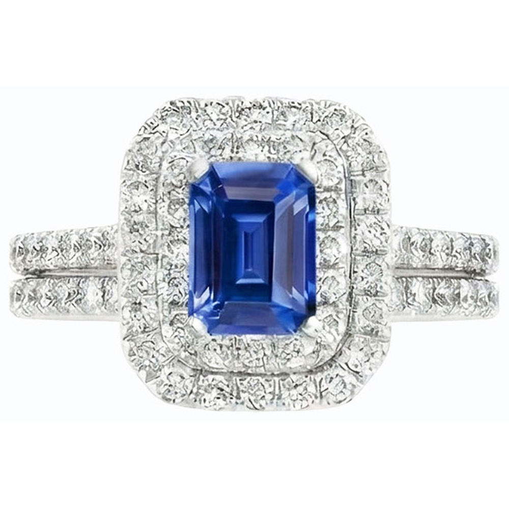 Set di fedi nuziali con doppio anello di diamanti e zaffiro blu smeraldo 5 carati
