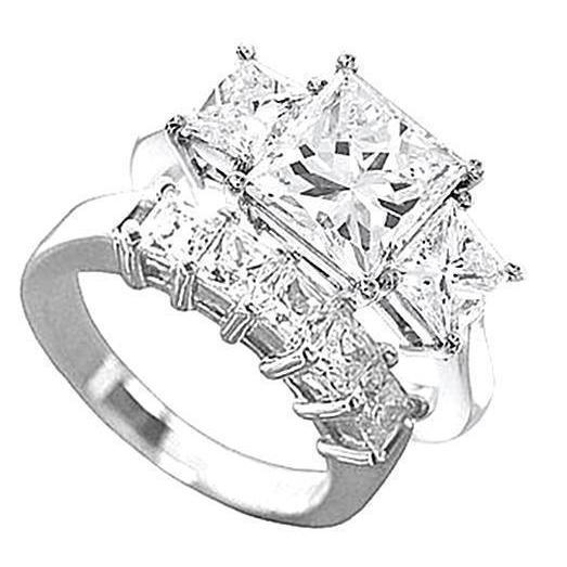 Set Di Anelli Di Fidanzamento Con Tre Pietre Da 2,5 Carati Con Naturale Diamante Taglio Principessa Oro bianco 14K