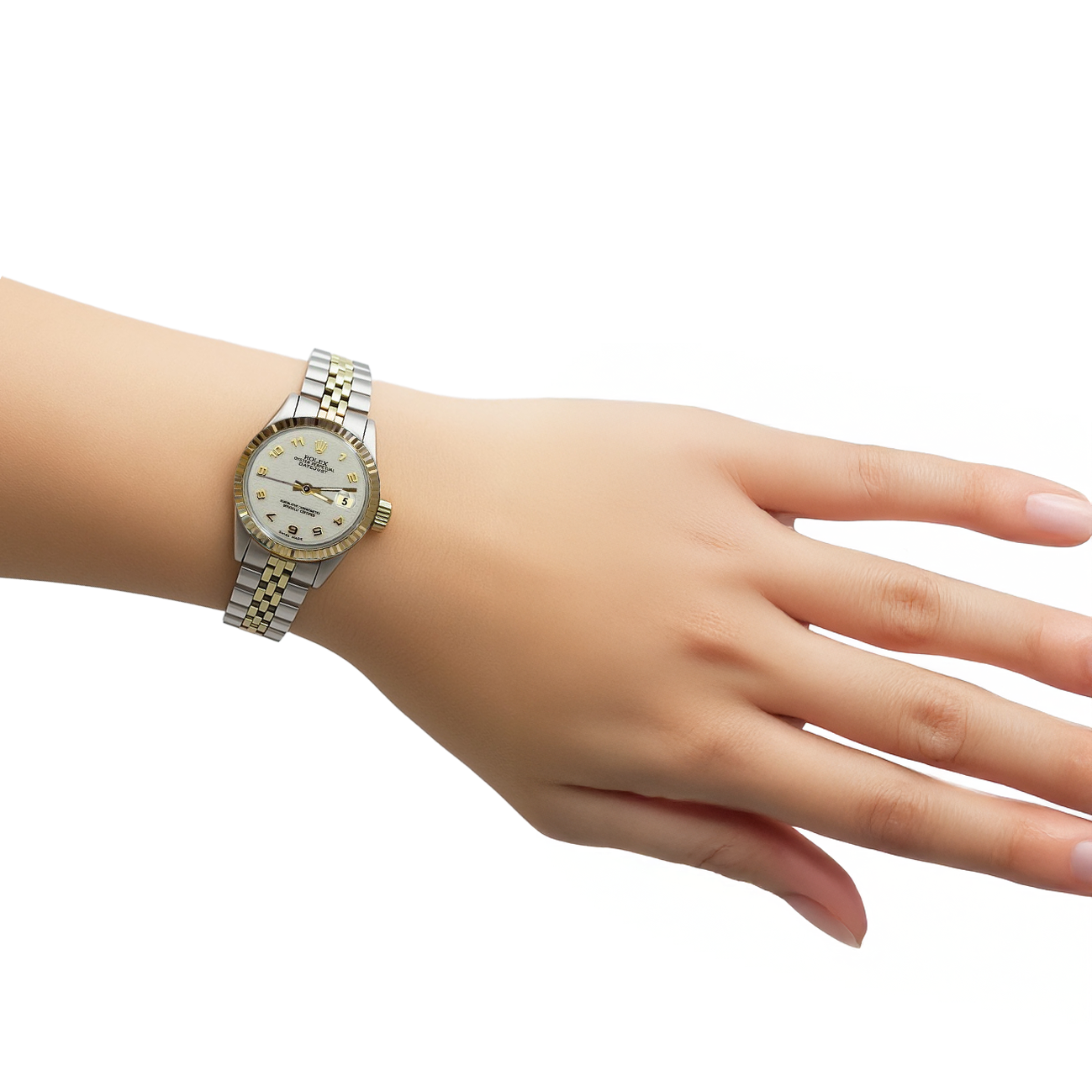 Signora Datejust Orologio Rolex Quadrante bianco arabo in acciaio inossidabile e oro