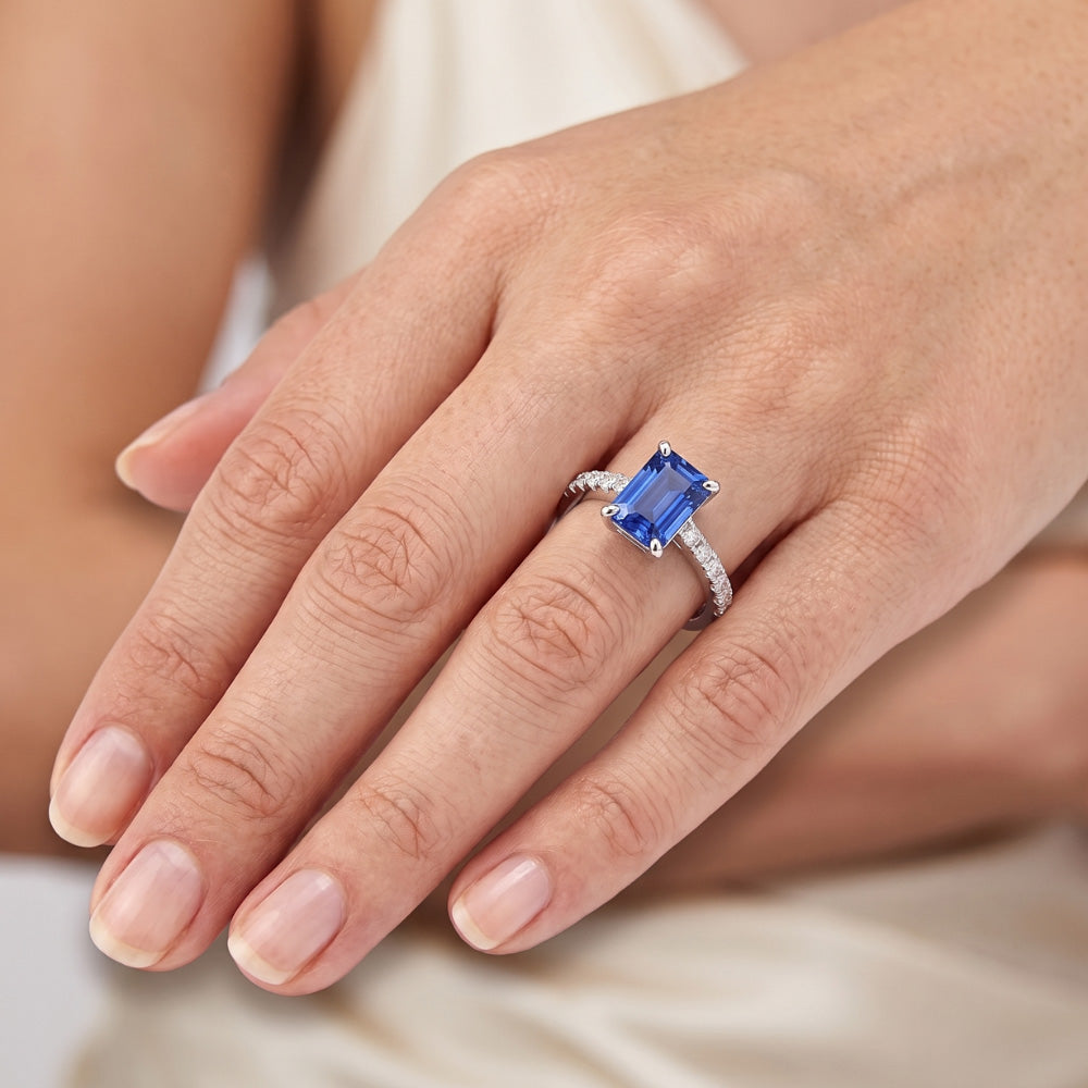 Solitario Fede nuziale in zaffiro blu smeraldo con accenti di diamante 3 carati