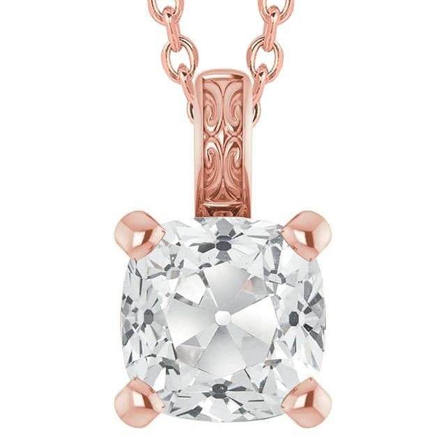 Solitario Grande Ciondolo 5 Carati Cuscino Vero Diamante Chili Vecchio Minatore Catena Diapositiva In Oro Bianco 14K