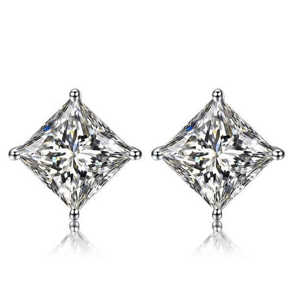 Splendido Orecchino A Bottone Con Vero Diamanti Taglio Principessa, Gioielli In Oro Da Donna, 3 Ct.