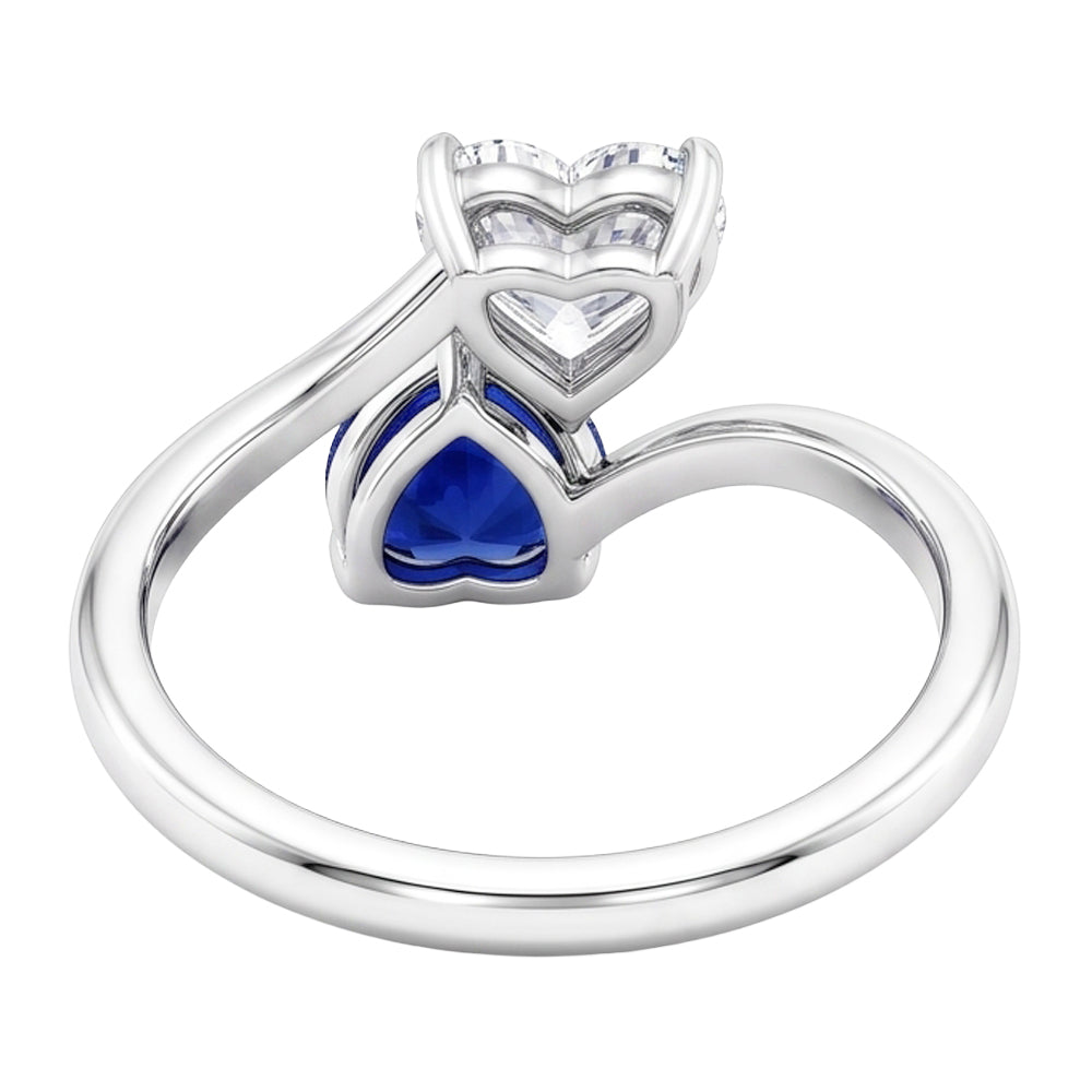 Toi et Moi Anello 3 Cuore Blu Zaffiro e Diamante Naturale Autentico ( non creato in laboratorio ) Carati 2 Gioielli in Pietra