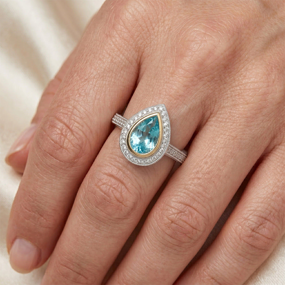 Tormalina Paraiba VVS Anello Halo 1,75 carati in Oro Due Toni 14K