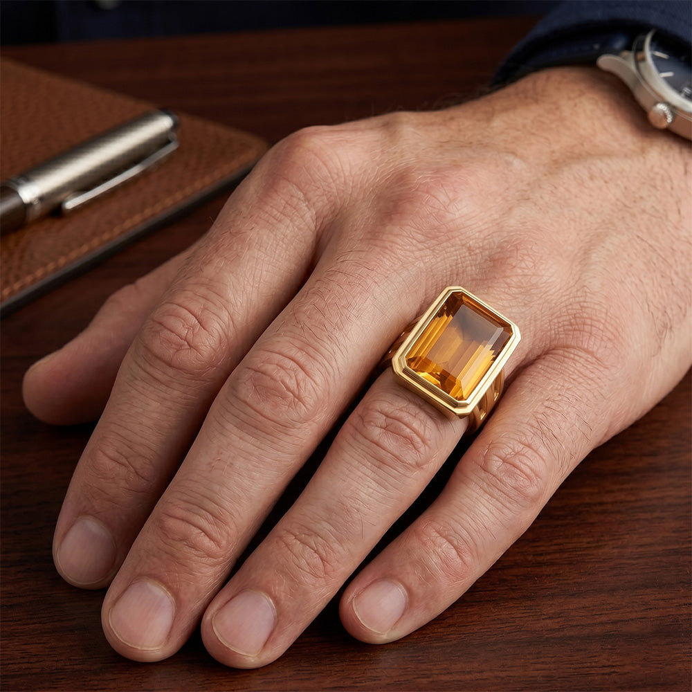Uomo Anello con Gemma Oro Giallo 14K con Citrino – 7 carati