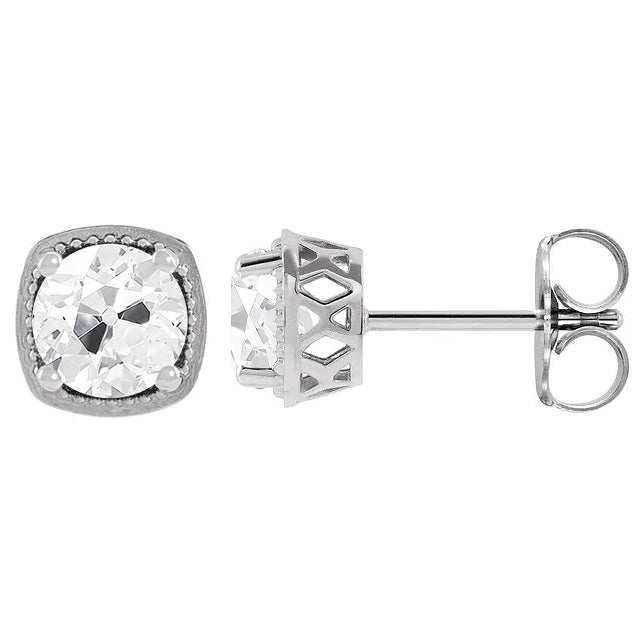 Diamante Cuscino Antico Orecchini a Lobo in Oro Bianco 14K – vista frontale