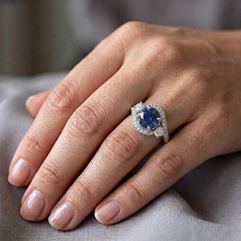 Zaffiro Blu Ceylon E Diamante Anello Oro Bianco 14K