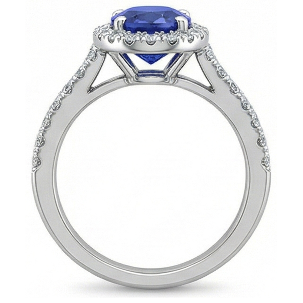 Zaffiro blu rotondo 2.50 carati con anello di diamanti in oro bianco 14K