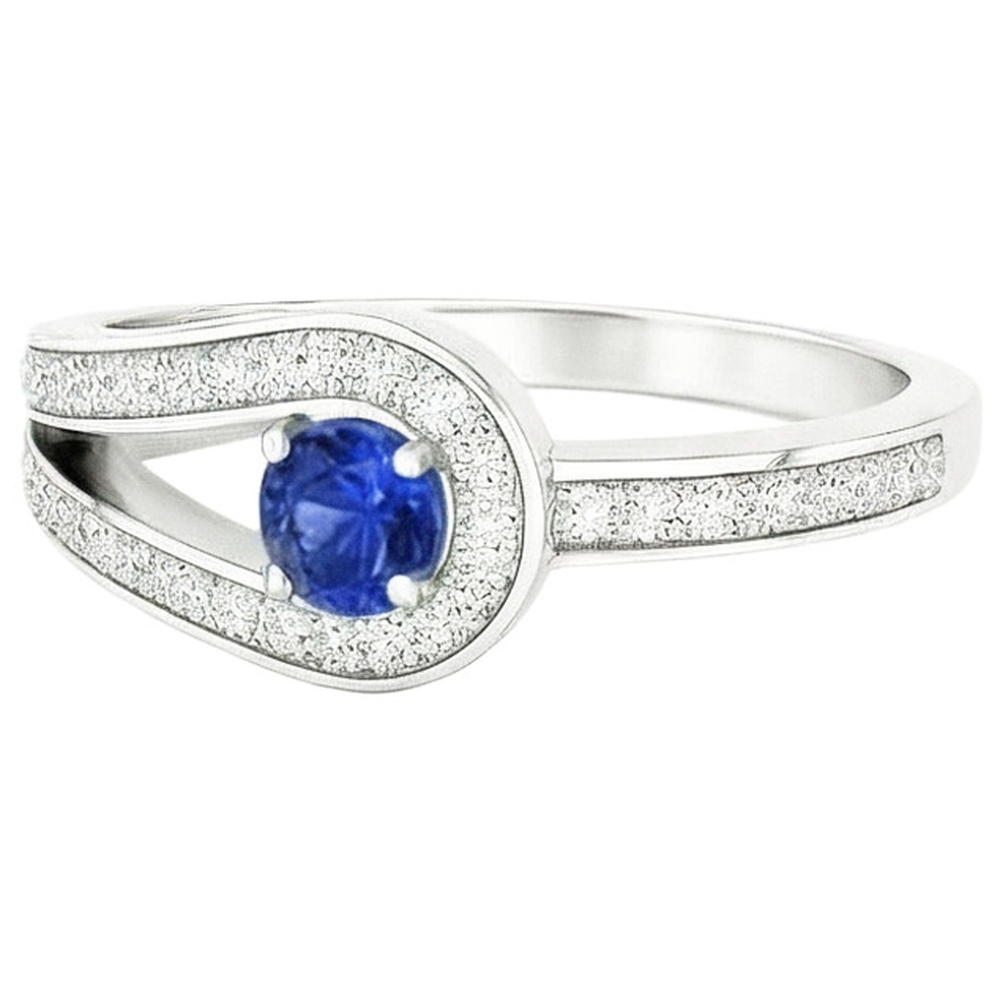Zaffiro blu rotondo con accenti in stile gambo diviso da 1,50 carati e oro bianco 14K